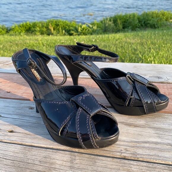 Neil Barrett Women's Black Patent Leather Cutout Peep Toe Platform Heels Size 38 - Picture 1 of 12